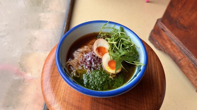 Vegetarian ramen with hand-rolled noodles and a marinated egg